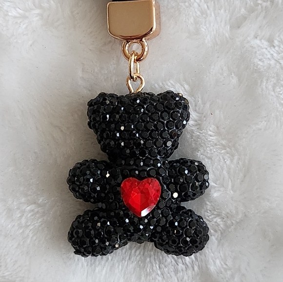 Black Beaded Bear With Red Heart Keychain with Gold Ring - Picture 2 of 3
